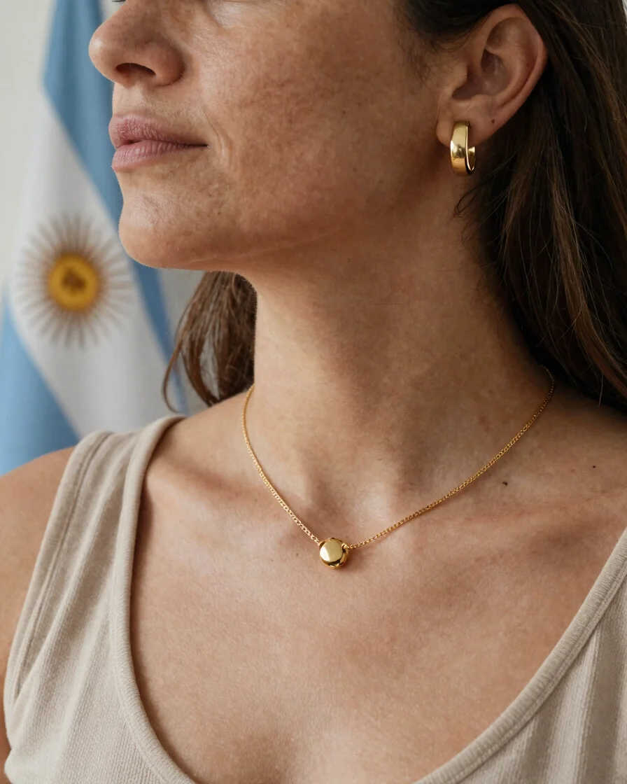 Retrato cotidiano de una mujer de la región luciendo aros y colla